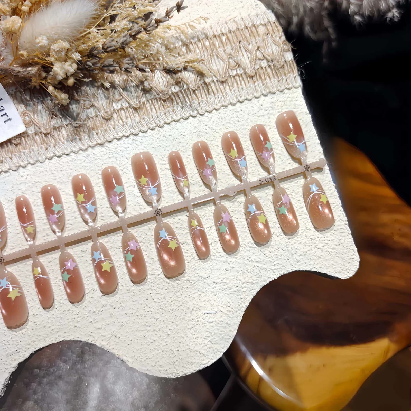 Uñas Postizas Ojo de Gato Nude Mist Diseño Estrellado Reutilizables