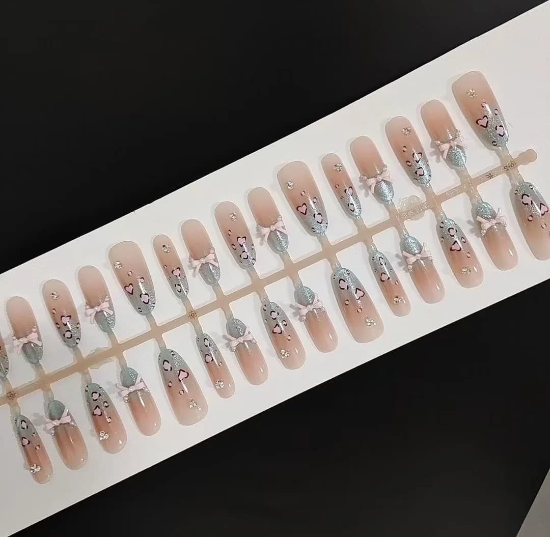 Uñas Postizas Estampado Leopardo Sal Marina, Ojo de Gato, Lazo, Stiletto Larga