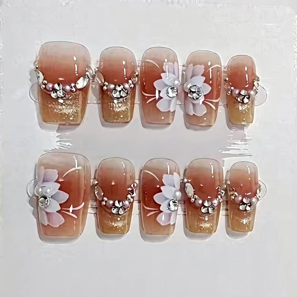 Uñas Postizas Ojo de Gato Florales con Diseño de Estrellas