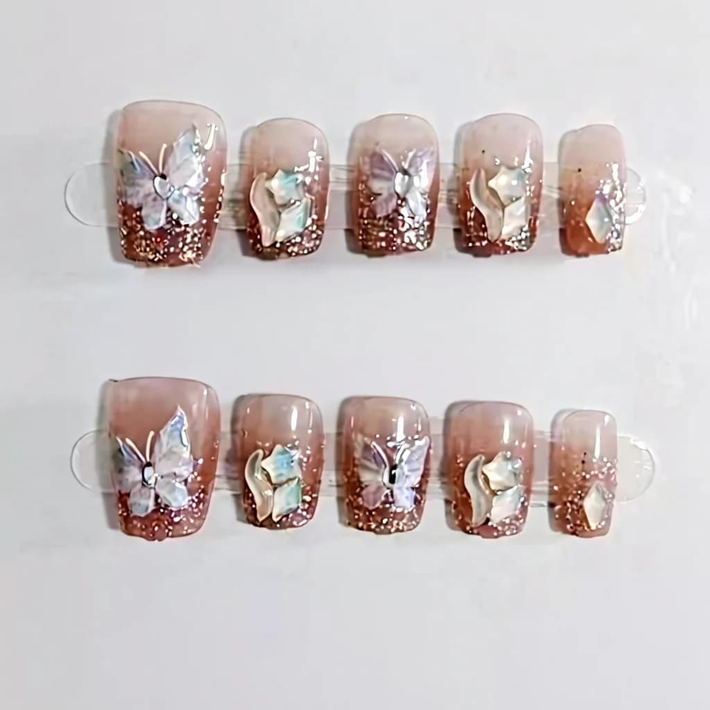 Uñas Postizas Mariposa y Strass, Forma Coffin Corta, 10 Pzs