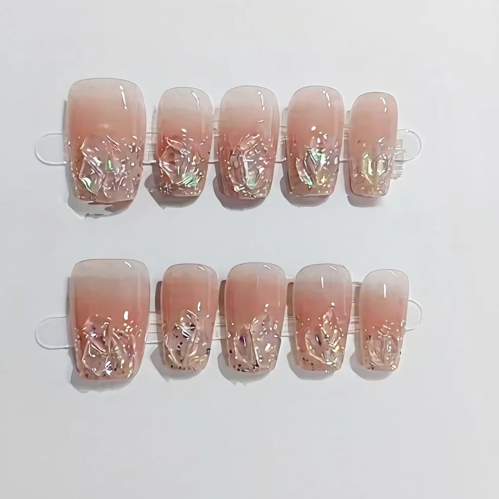 Set de Uñas Postizas Cortas y Medianas Coffin con Purpurina y Strass Rosa Rubor