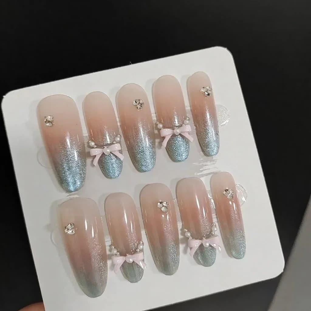 Uñas Postizas Estampado Leopardo Sal Marina, Ojo de Gato, Lazo, Stiletto Larga
