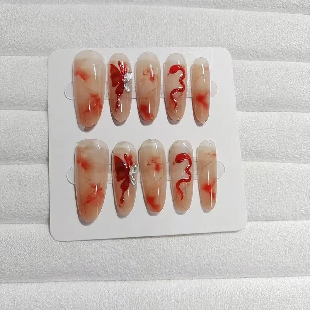 Uñas Postizas Hechas a Mano Diseño Mariposa y Serpiente Forma Almendra Larga