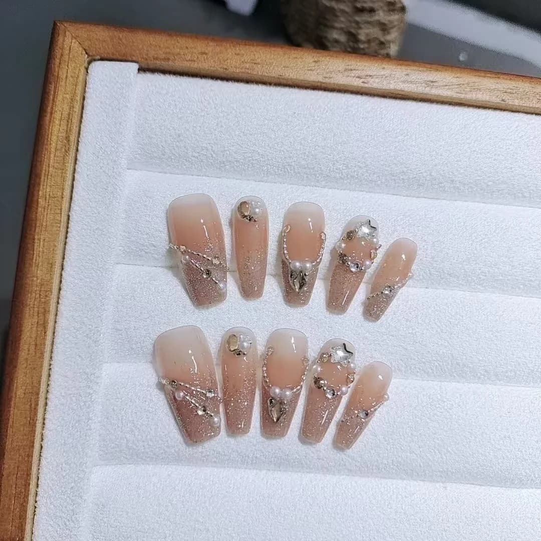 Uñas Postizas Cielo Estrellado con Strass, 10 Piezas