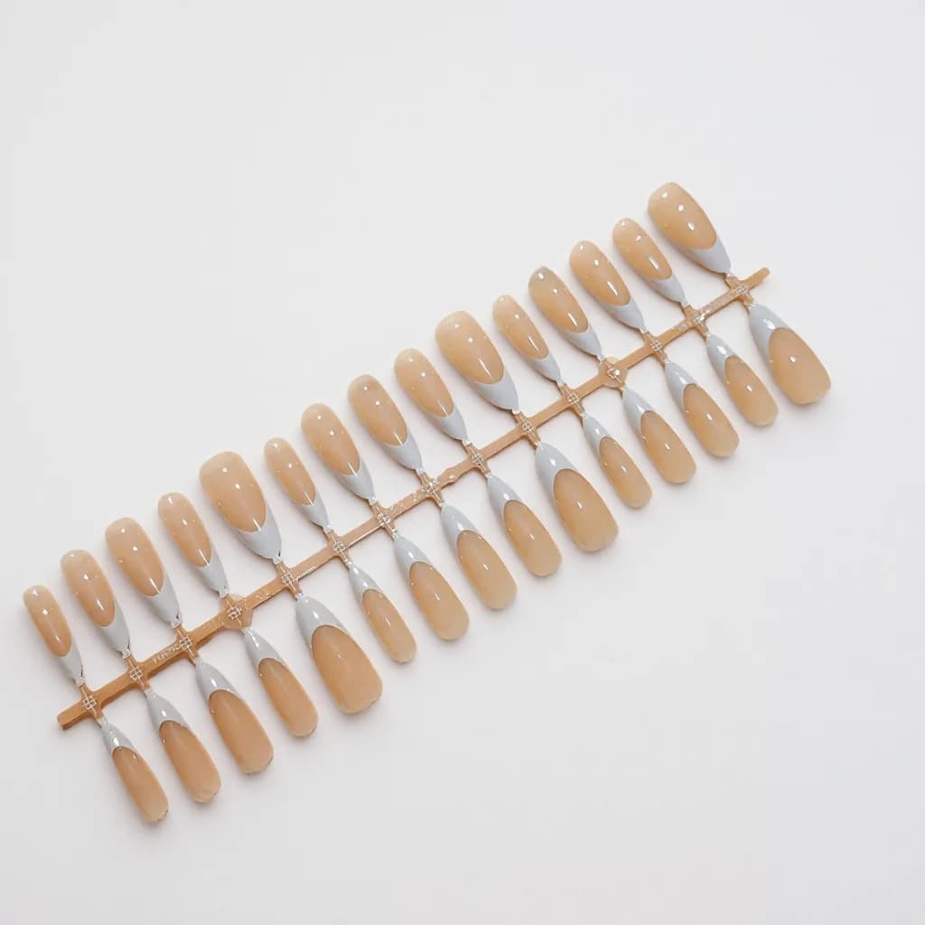 Uñas Postizas Punta Francesa Gris y Blanca, Forma Almendra Larga, Set Talla Completa