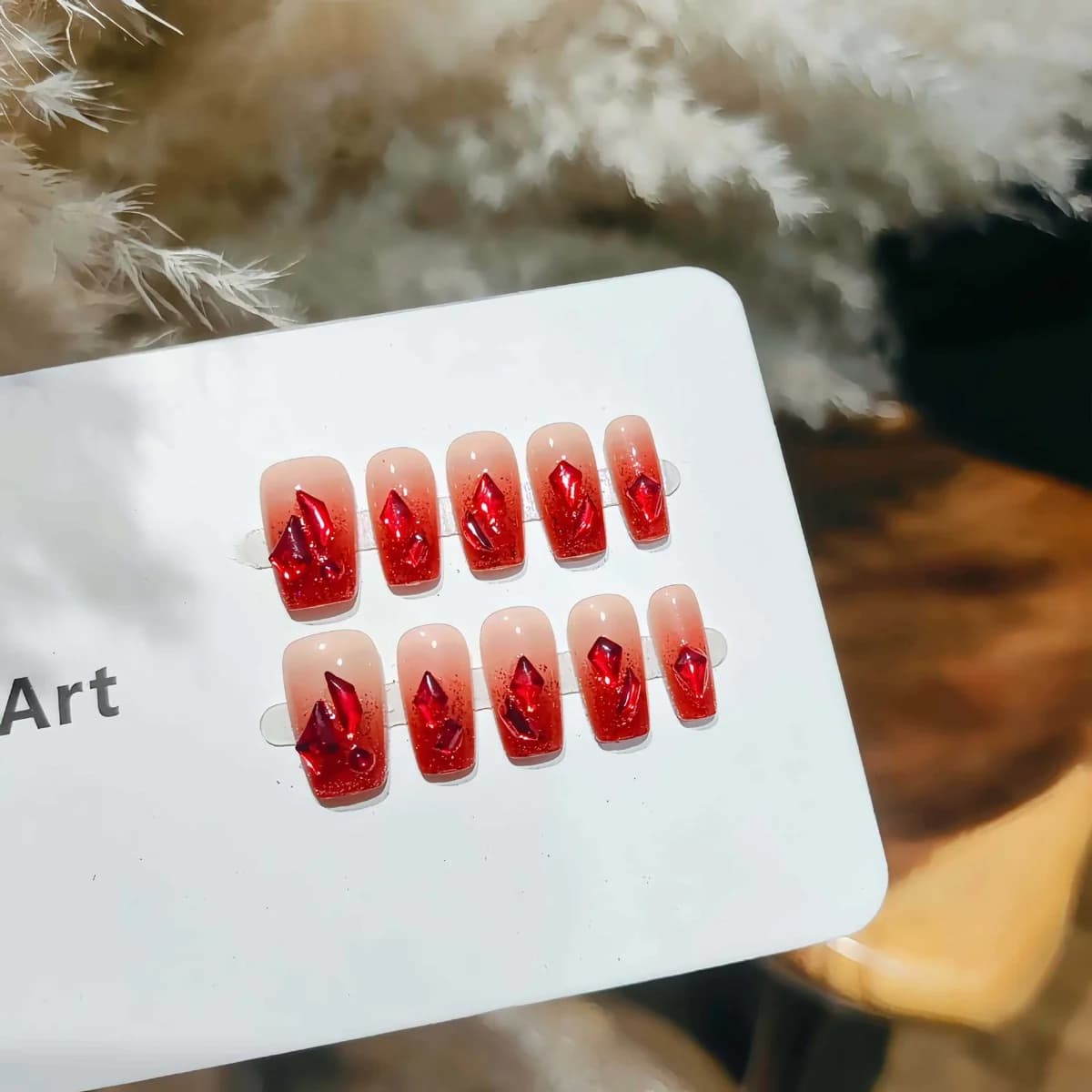 Uñas Postizas con Purpurina Degradado Rojo, Forma Ataúd Corta