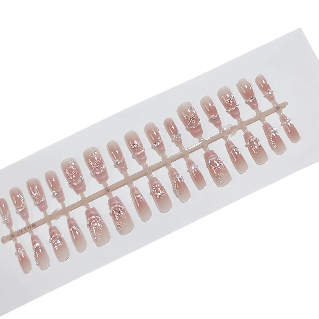 Uñas Postizas de Mariposa con Perlas y Cristales, Set de 30 Piezas