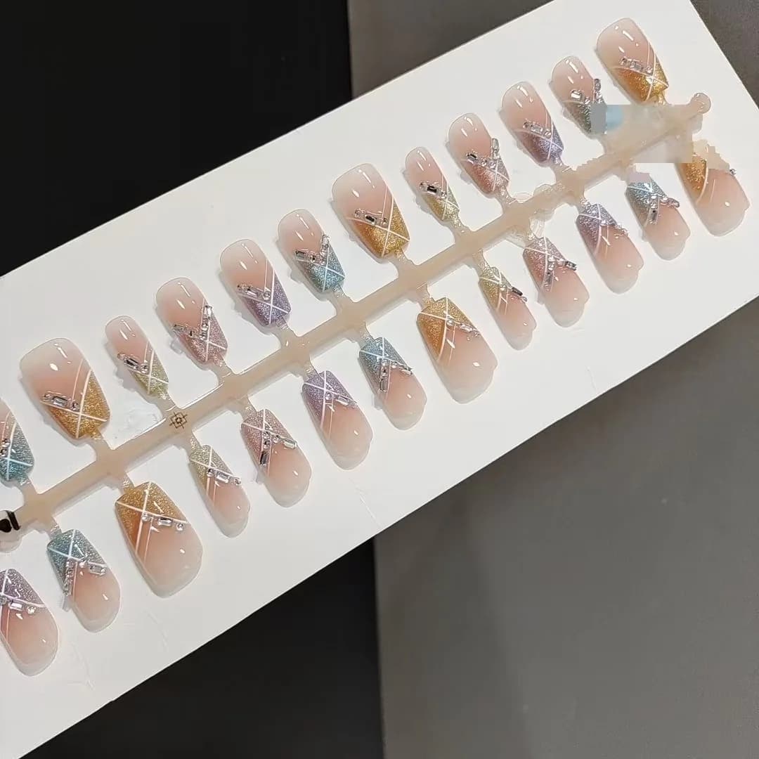 Uñas Postizas Fiesta Dulce, Cuadradas Cortas, Ojo de Gato Arcoíris con Cristales