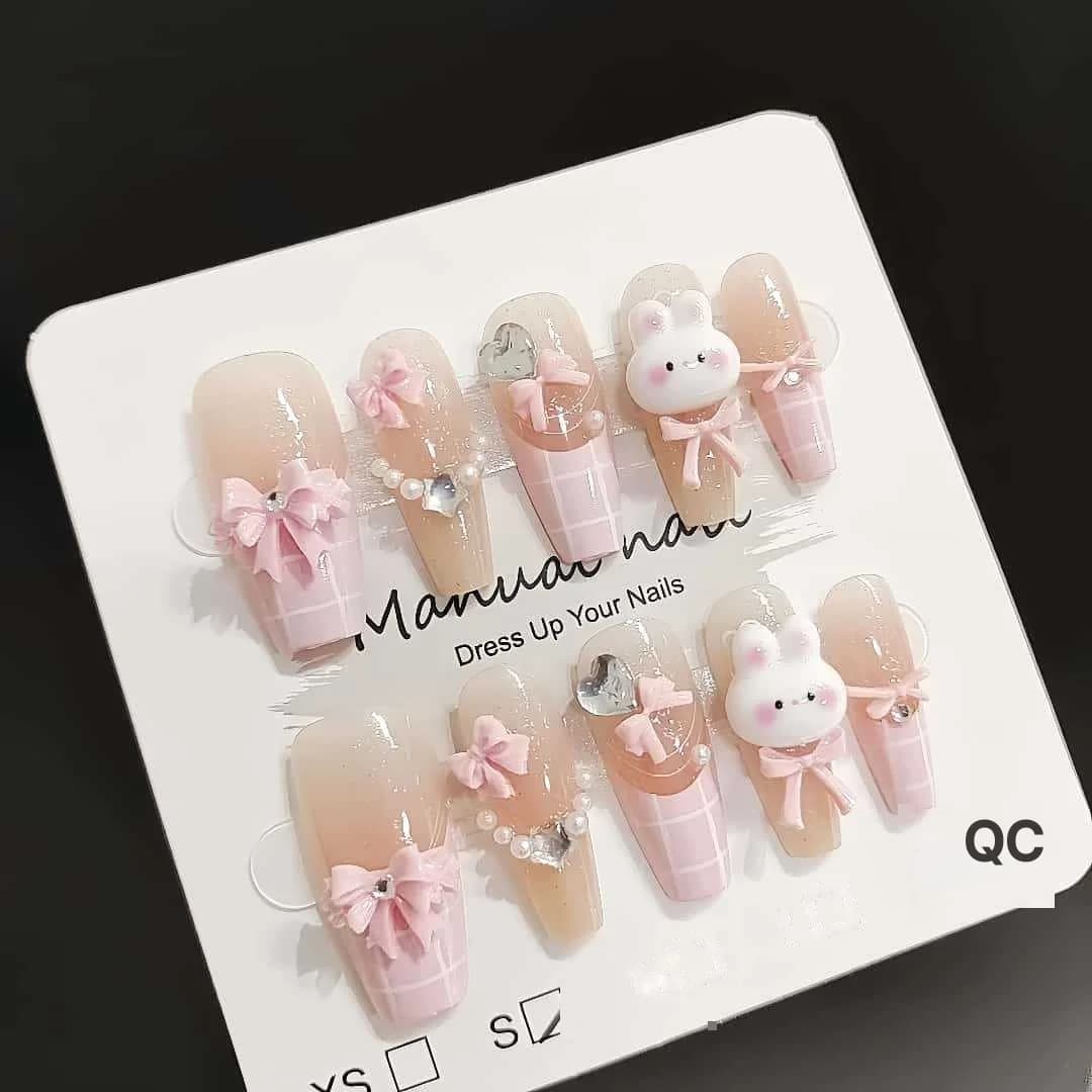 Uñas Postizas de Conejo Rosa Lindo, 30 Unidades, Forma Mediana Coffin