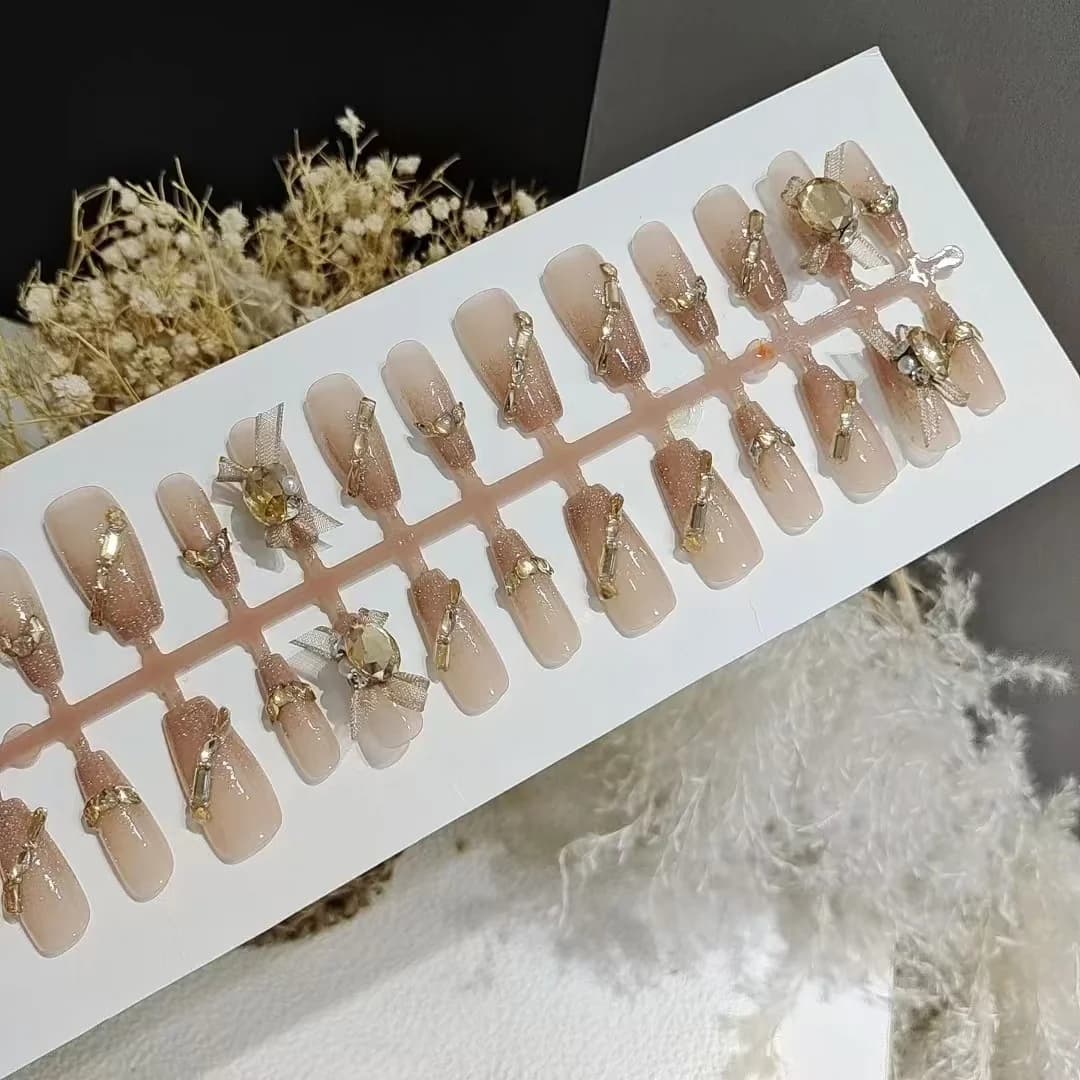 Uñas Postizas con Malla de Organza y Cristales, 30 Piezas
