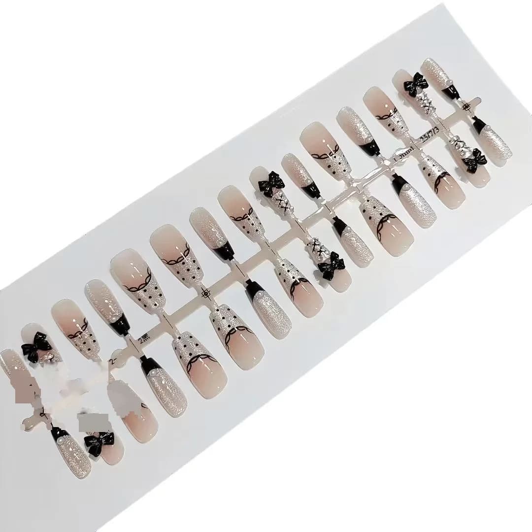 Uñas Postizas French con Encaje, Lazo y Lunares (30 piezas)