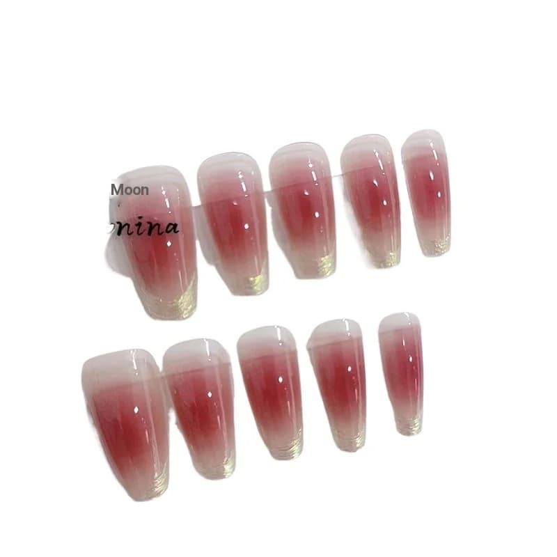 Uñas Postizas Largas Coffin Rubor de Atardecer con Acabado Cromo Luz de Luna