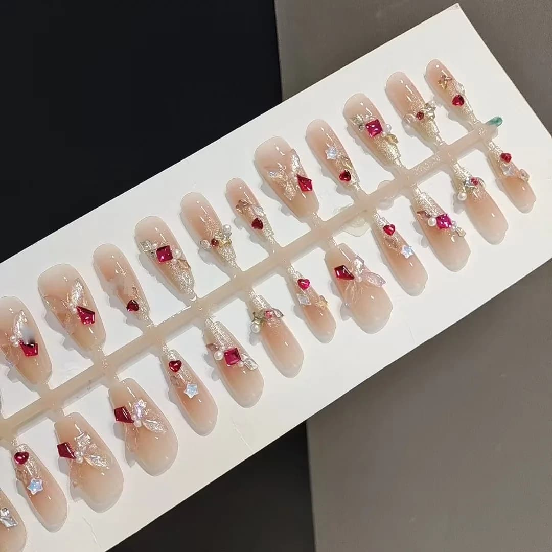 Uñas Postizas con Mariposas y Strass, 30 Piezas, Forma Coffin Mediana