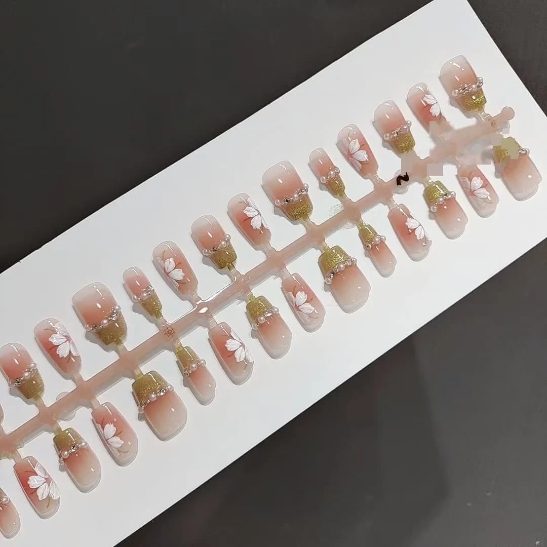 Uñas Postizas Cortas Ataúd Verde Floral Ojo de Gato 30 Piezas