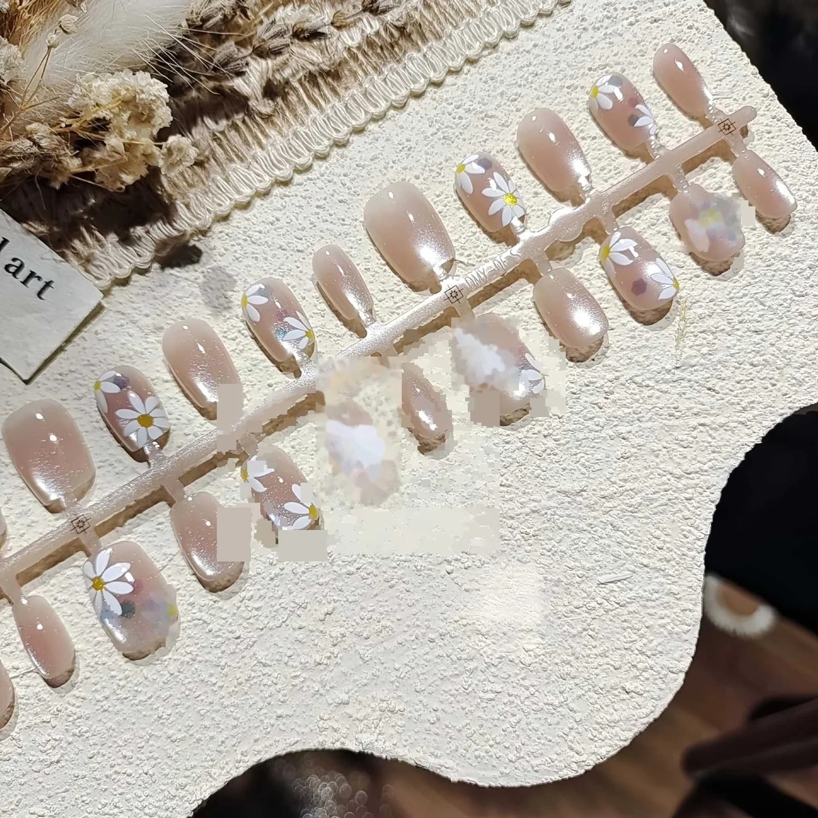 Uñas Postizas Ojo de Gato con Margaritas Rosas Forma Bailarina Corta