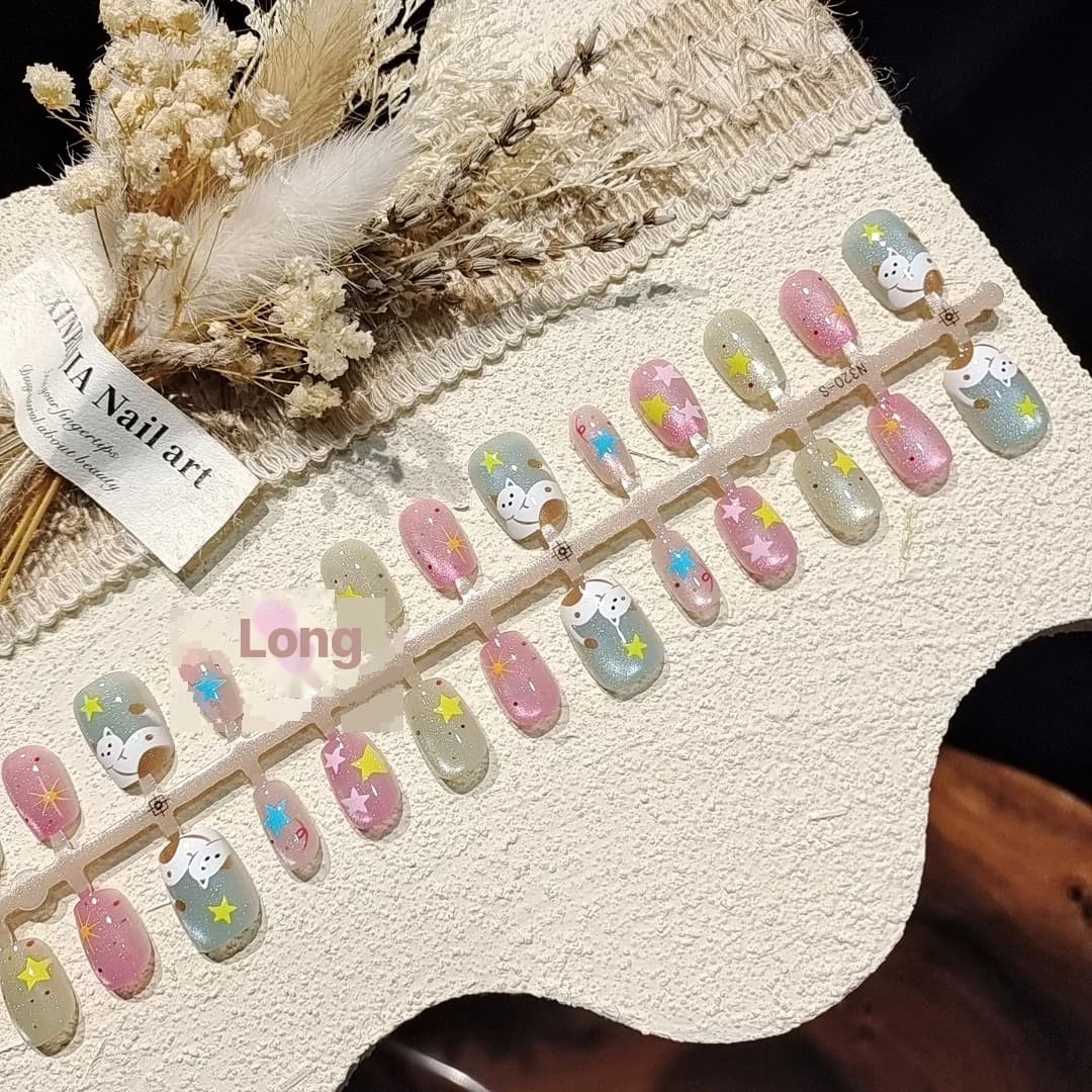 Uñas Postizas Cortas Estilo Bailarina, Diseño Ojo de Gato Estrellado, 30 Unidades