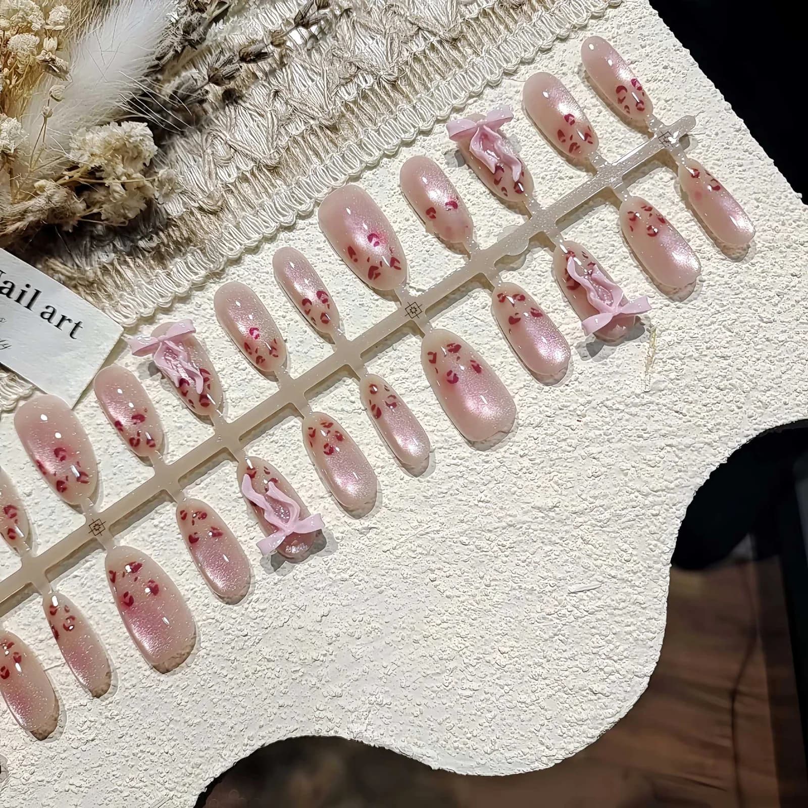 Uñas Postizas Ojo de Gato Leopardo Rosa, Forma Ovalada Mediana