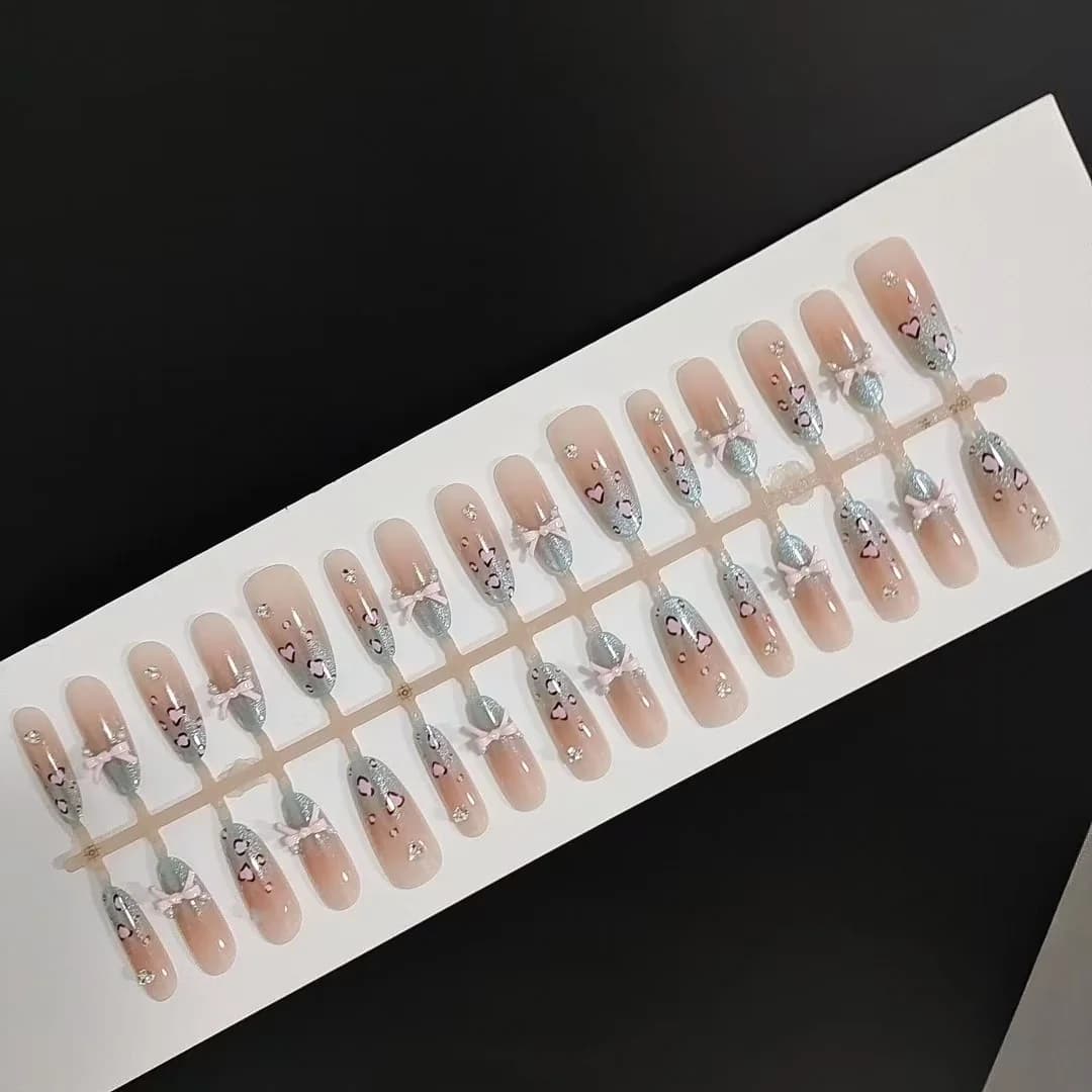 Uñas Postizas Estampado Leopardo Sal Marina, Ojo de Gato, Lazo, Stiletto Larga