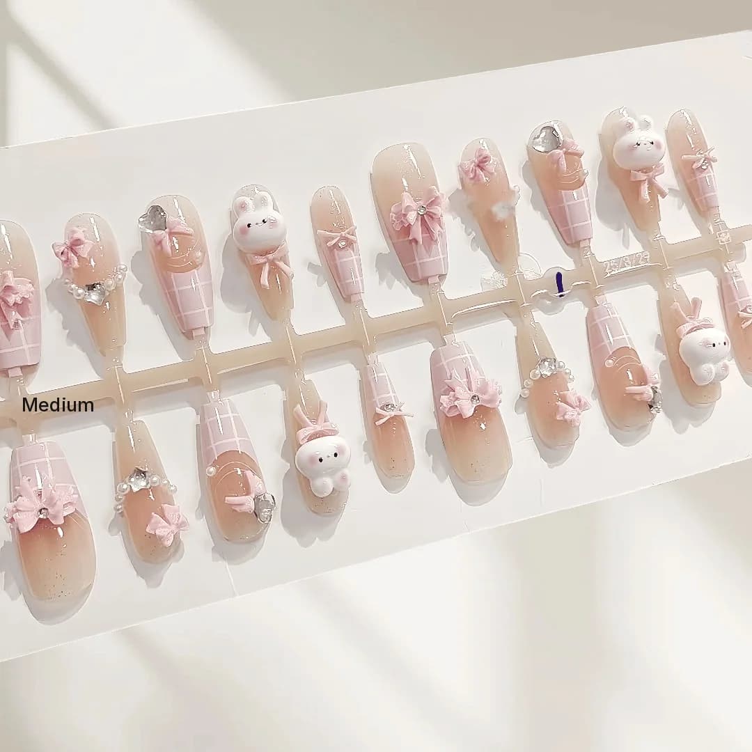 Uñas Postizas de Conejo Rosa Lindo, 30 Unidades, Forma Mediana Coffin