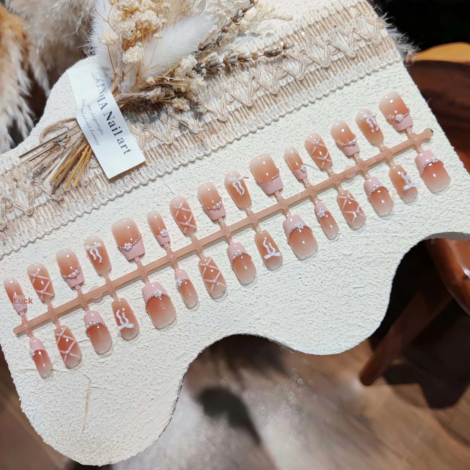 Uñas Postizas Francesas Rosas con Lazo y Cadena, Cuadradas Cortas