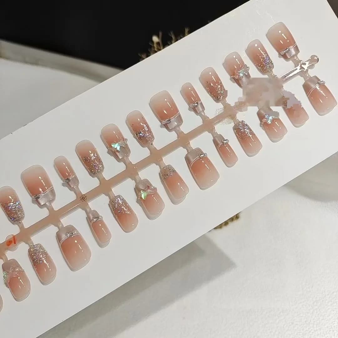 Uñas Postizas Cuadradas Cortas con Punta Francesa y Mariposas, 30 Uds