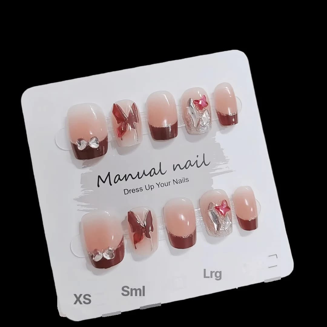 Uñas Postizas Punta Francesa Roja con Detalles de Mariposa y Brillo
