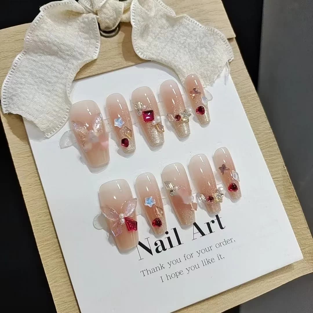 Uñas Postizas con Mariposas y Strass, 30 Piezas, Forma Coffin Mediana