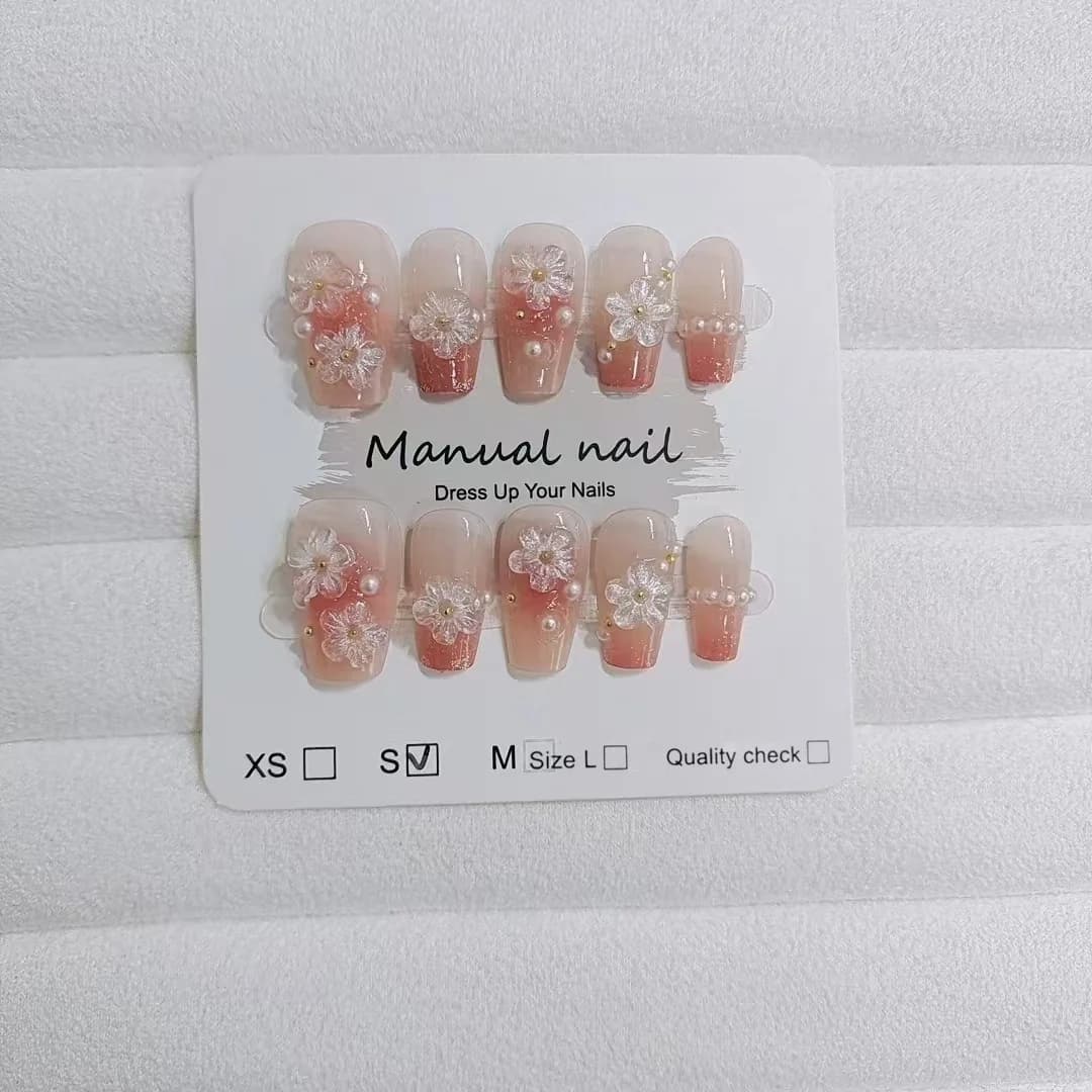 Uñas Postizas Florales Forma Ataúd Corta Diseño Rubor Lindo 10 Piezas