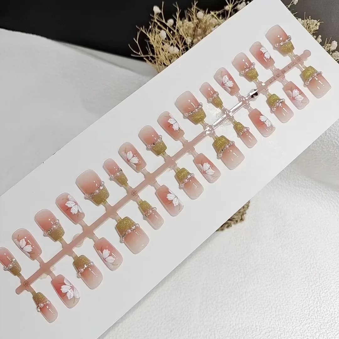 Uñas Postizas Cortas Ataúd Verde Floral Ojo de Gato 30 Piezas