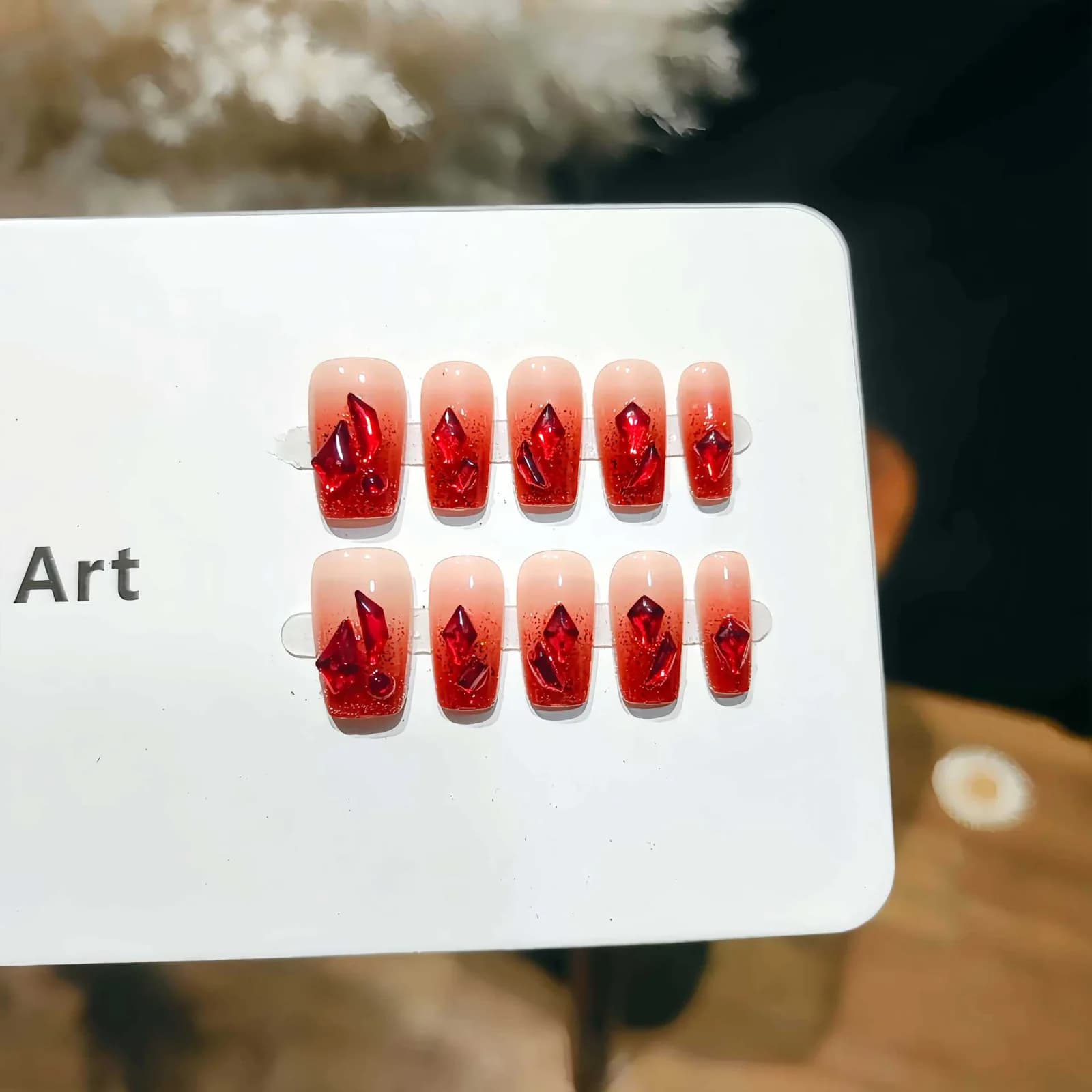 Uñas Postizas con Purpurina Degradado Rojo, Forma Ataúd Corta