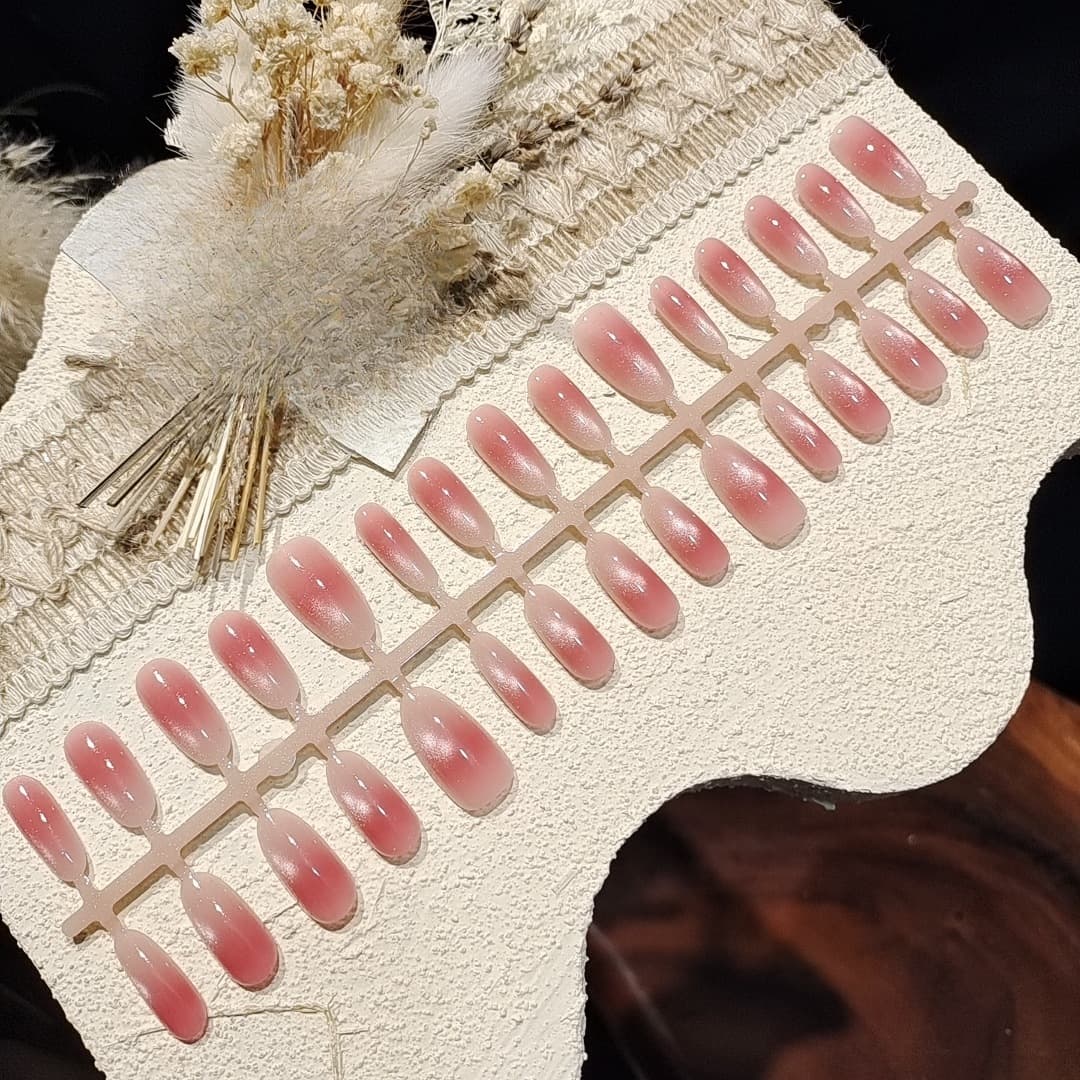 Uñas Postizas Ojo de Gato Rosa Melocotón, Degradado, Ovaladas Cortas y Medianas